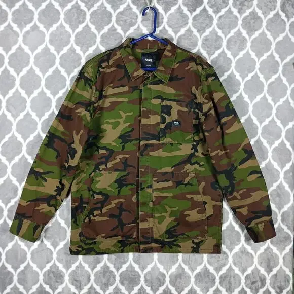 Vans Jacket Men XL Camo Canvas Military Field Button Front Woodland Utility Coat - Picture 3 of 9